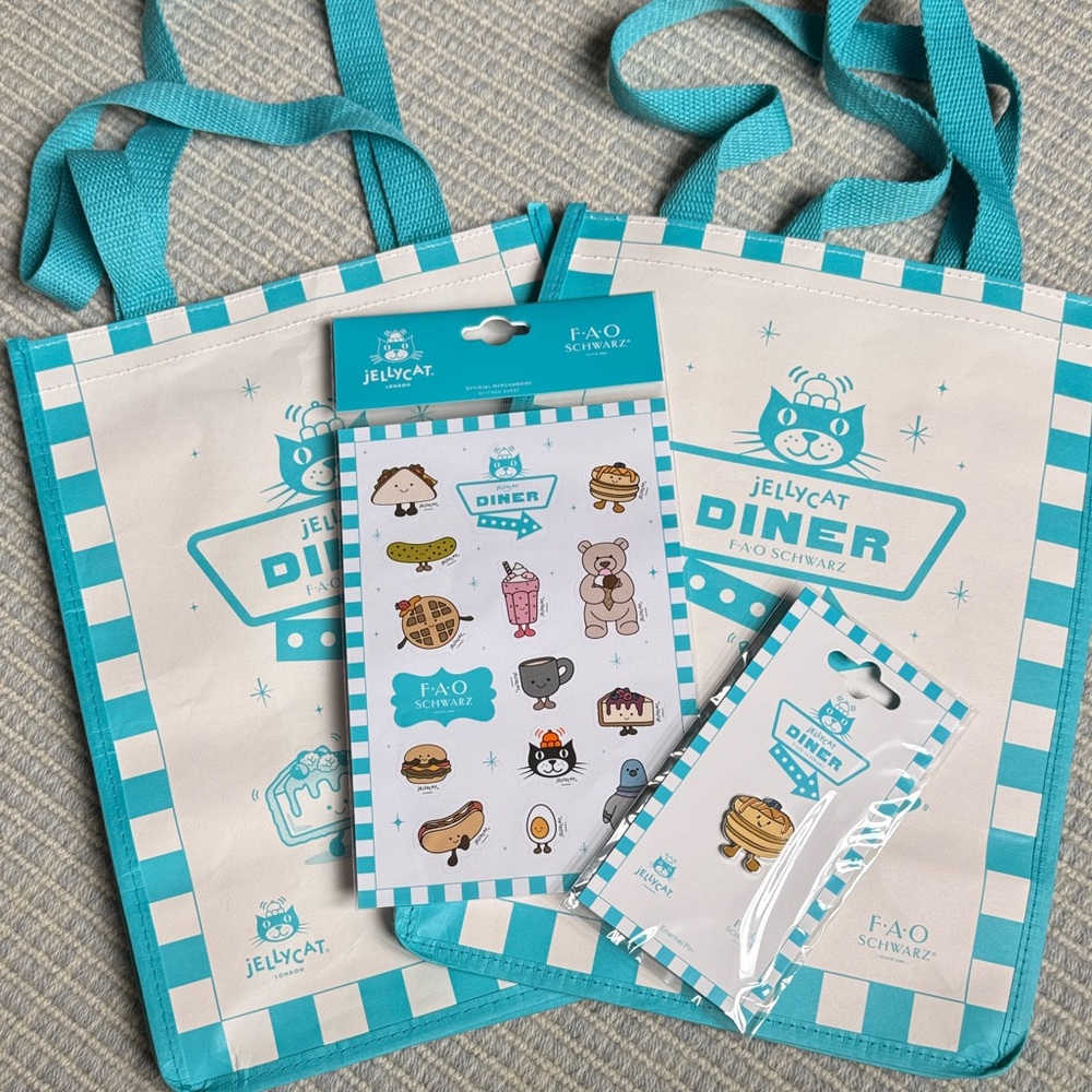 Jellycat Teal and Cream Diner Tote Bag with Sticker & Pin Set